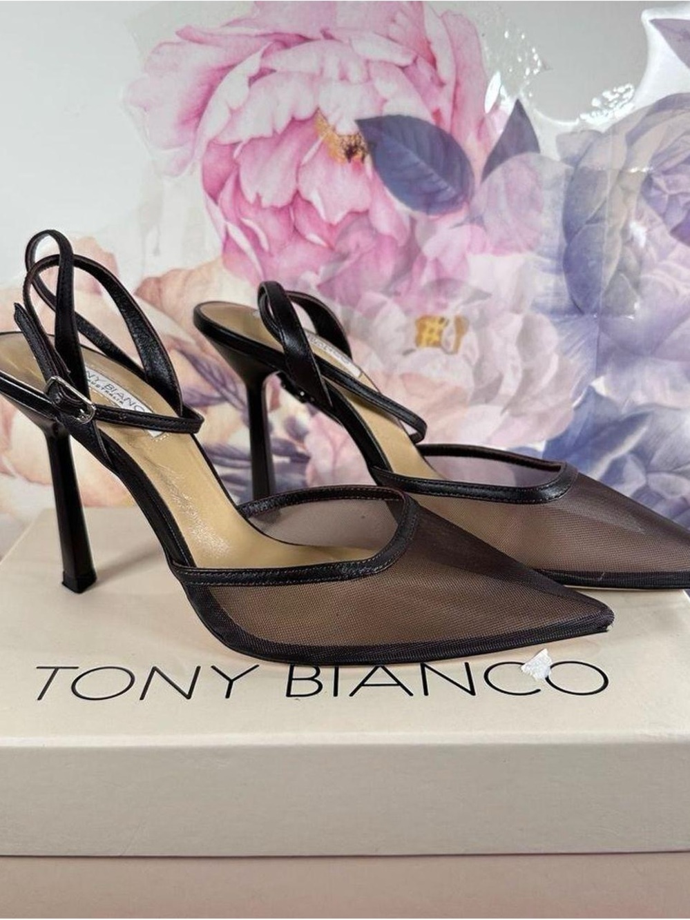 Tony Biiano Black Mesh Pointed Slingback Stilettos
